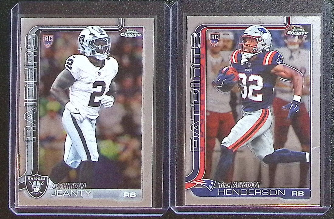 Lot of 2 2025 Topps Chrome NFL Rookie Cards. Ashton Jeanty & TreVeyon Henderson: Topps Football NFL Trading Sports Cards, Sports Cards for Sale Near Me, Super Bowl & Hall of Fame Player Cards, Resurgence, Composite, SP, SSP, Valuable Auction Memorabilia Lots For Sale On Line