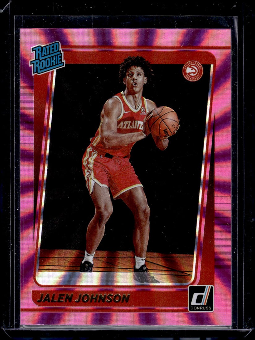 Jalen Johnson Rookie Card Pink Holo Laser 2021-22 Donruss #231 Atlanta Hawks: Panini Select, Prizm, Mosaic, Contenders, Revolution, Phoenix, NBA Hoops, Rookie NFL Sports Trading Cards, Silver, SP, SSP, Wave Prizms, Numbered Cards, Basketball sports Cards for Sale Near Me, NBA C