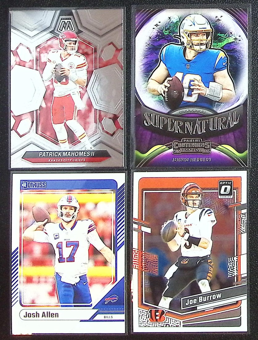 Lot of 4 Panini QB Cards. Mahomes, Herbert, Allen, Burrow: Panini Select, Prizm, Mosaic, Contenders, Zenith, Phoenix, Illusions, Absolute, Rookie NFL Sports Trading Cards, SP, SSP, Cards, Football Cards for Sale Near Me, Superbowl & Hall of Fame Player Cards,