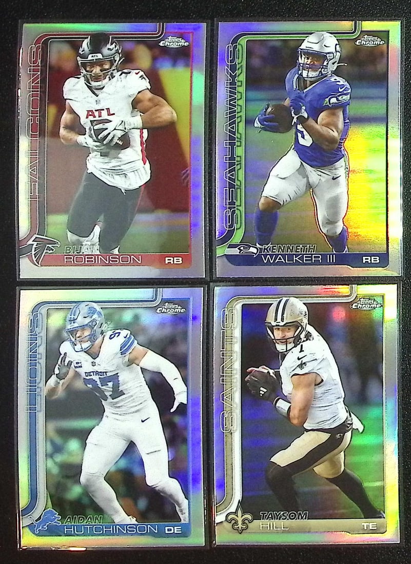 Lot of 4 2025 Topps Chrome NFL Refractors. Bijan, Walker, Hutchinson, Hill: Topps Chrome Football NFL Trading Sports Cards, Sports Cards for Sale Near Me, Super Bowl & Hall of Fame Player Cards, Resurgence, Composite, SP, SSP, Valuable Auction Memorabilia Lots For Sale On Lin