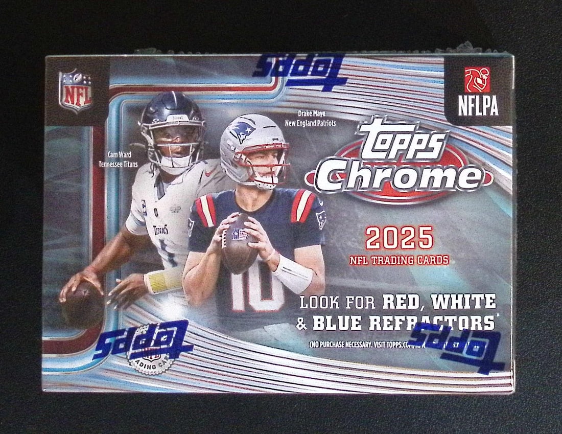 2025 Topps Chrome Football Blaster Box - NEW RELEASE: Topps Football NFL Trading & Sports Cards, Refractors, Prism Refractors, X-Fractors, Sports Cards for Sale Near Me, Super Bowl & Hall of Fame Players, Autographs, SP, SSP, Valuable Auction Memorabilia