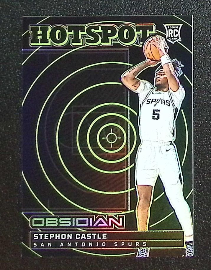 Stephon Castle Rookie Card Hotspot Electric Etch /125 2024-25 Obsidian #6 Spurs: Panini Select, Prizm, Mosaic, Contenders, Revolution, Phoenix, NBA Hoops, Rookie NFL Sports Trading Cards, Silver, SP, SSP, Wave Prizms, Numbered Cards, Basketball sports Cards for Sale Near Me, NBA C