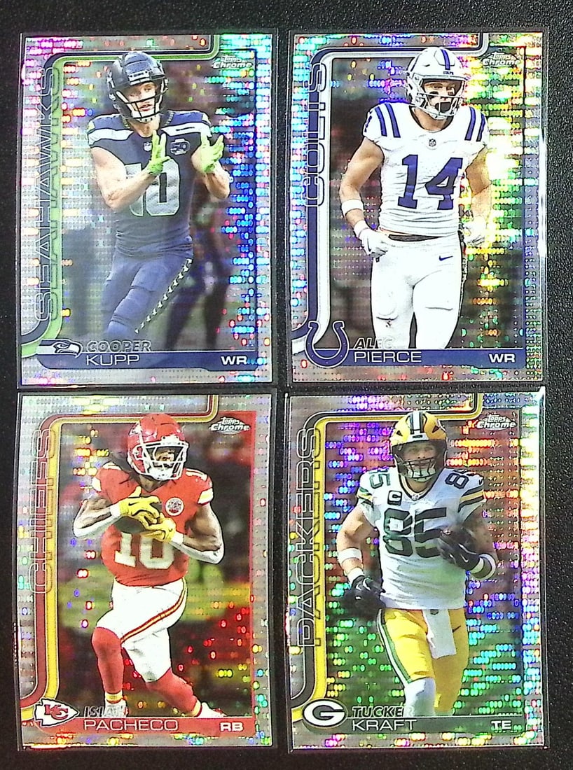 Lot of 4 2025 Topps Chrome NFL Pulsar Refractors. Kupp, Pierce, Pacheco, Kraft: Topps Chrome Football NFL Trading Sports Cards, Sports Cards for Sale Near Me, Super Bowl & Hall of Fame Player Cards, Resurgence, Composite, SP, SSP, Valuable Auction Memorabilia Lots For Sale On Lin