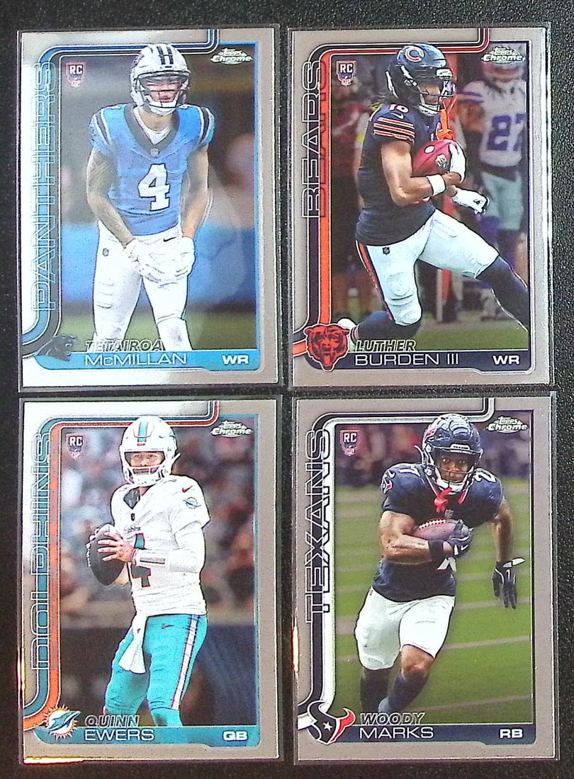 Lot of 4 2025 Topps Chrome NFL Rookie Cards. McMillan, Burden, Ewers, Marks: Topps Chrome Football NFL Trading Sports Cards, Sports Cards for Sale Near Me, Super Bowl & Hall of Fame Player Cards, Resurgence, Composite, SP, SSP, Valuable Auction Memorabilia Lots For Sale On