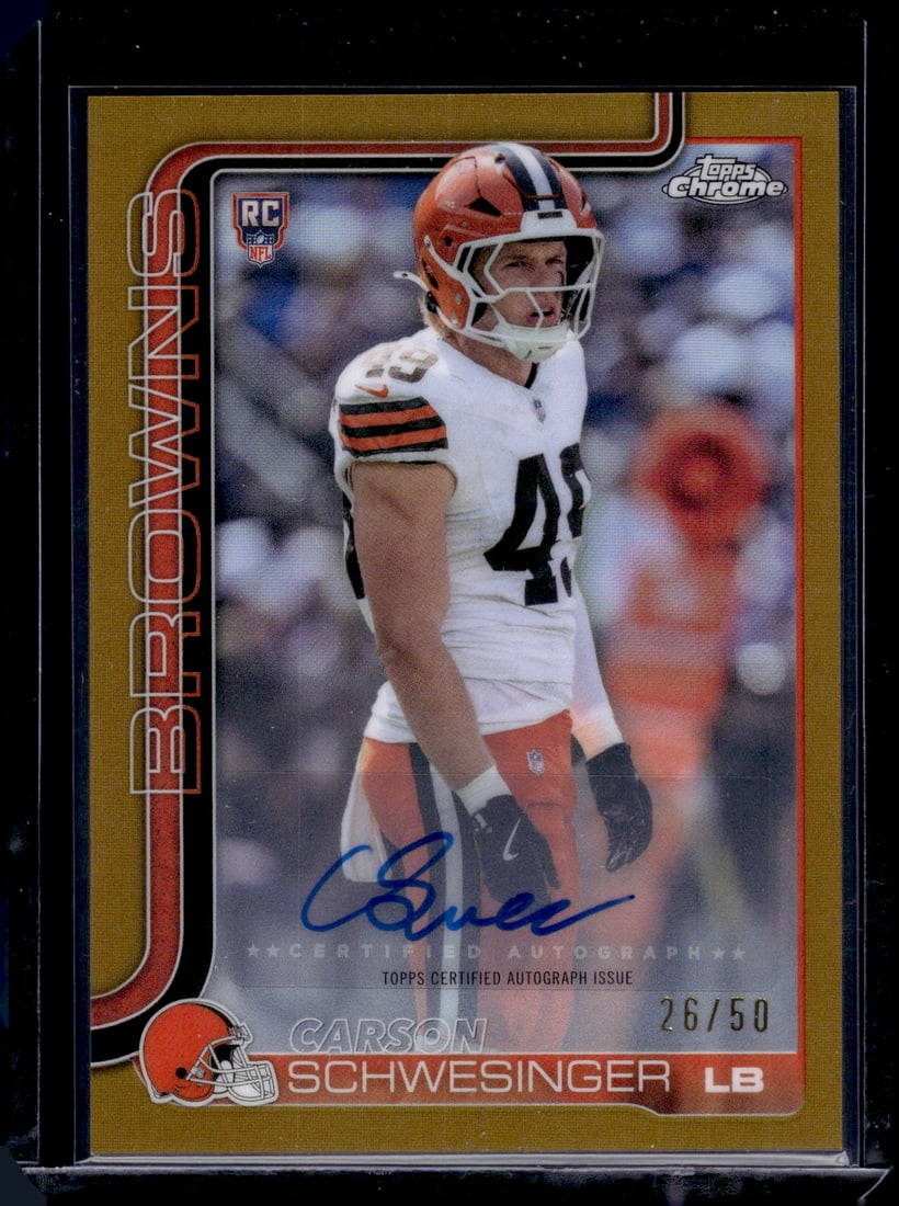 Carson Schwesinger Gold Refractor Rookie Auto /50 2025 Topps Chrome #RRA-CSC Browns: Topps Chrome Football NFL Trading Sports Cards, Sports Cards for Sale Near Me, Super Bowl & Hall of Fame Player Cards, Resurgence, Composite, SP, SSP, Valuable Auction Memorabilia Lots For Sale On Lin