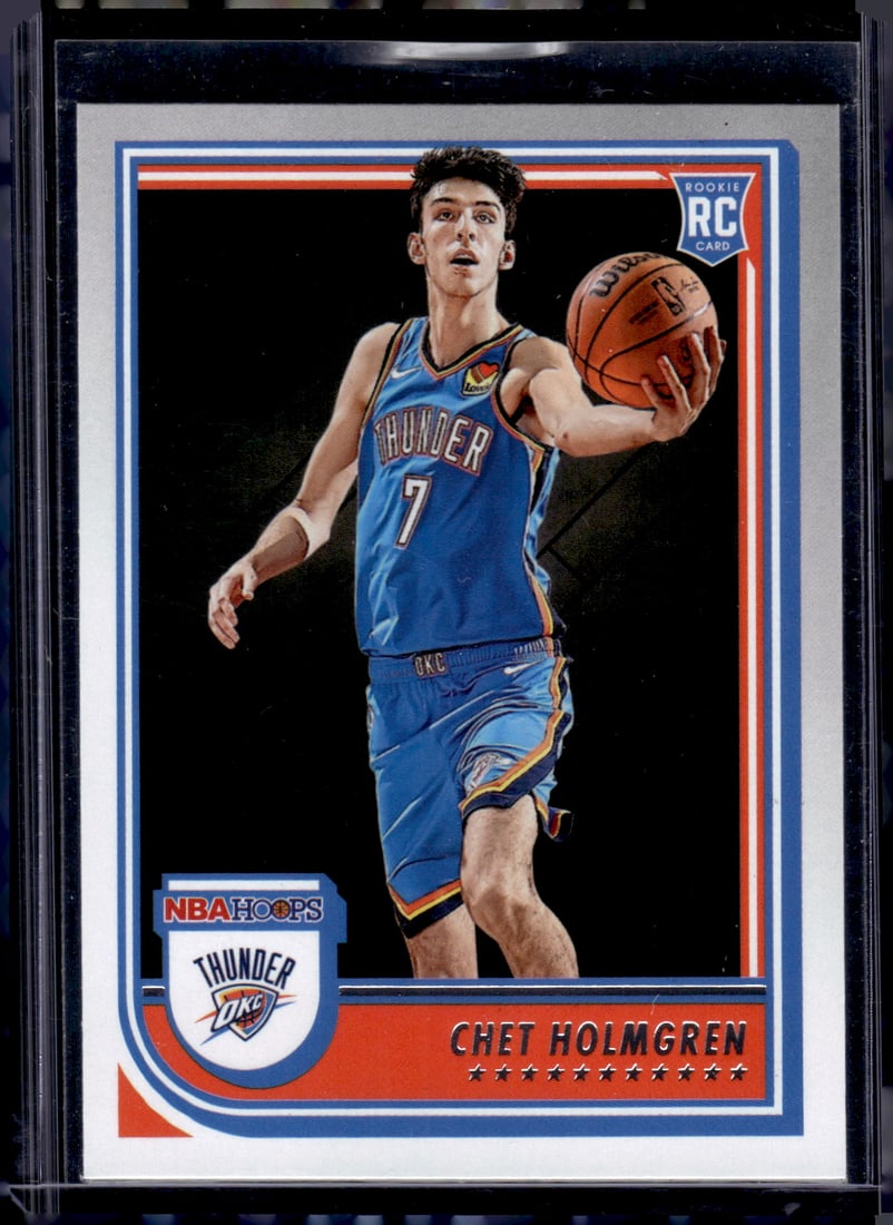 Chet Holmgren Rookie Card 2022-23 NBA Hoops #232 Oklahoma City Thunder: Panini Select, Prizm, Mosaic, Contenders, Revolution, Phoenix, NBA Hoops, Rookie NFL Sports Trading Cards, Silver, SP, SSP, Wave Prizms, Numbered Cards, Basketball sports Cards for Sale Near Me, NBA C