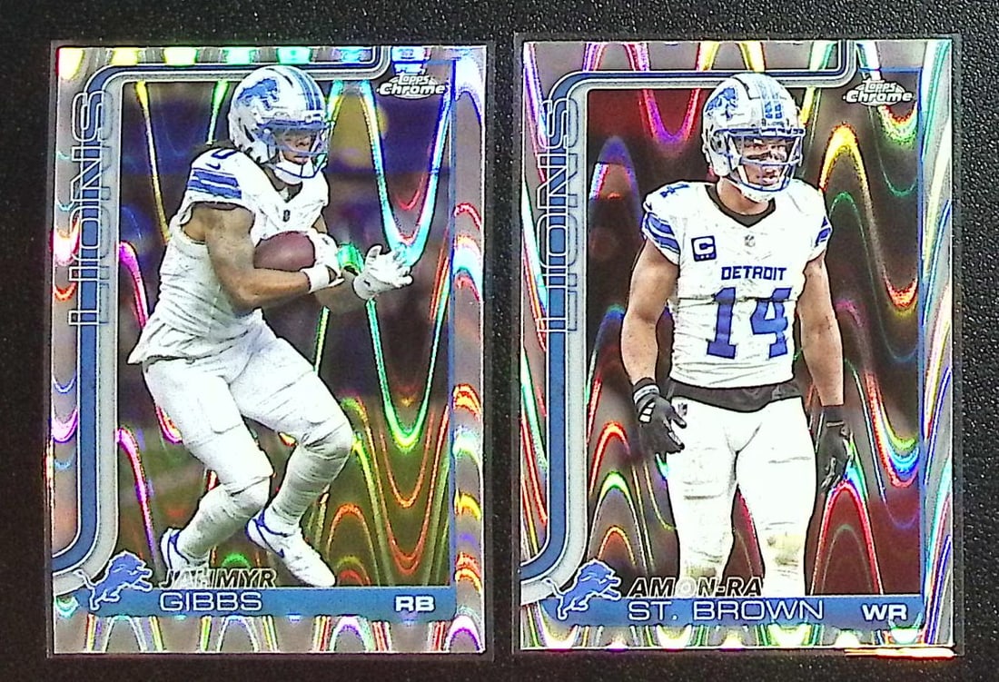 Lot of 2 Detroit Lions 2025 Topps Chrome Raywave Refractors. Jahmyr Gibbs & St. Brown: Topps Chrome Football NFL Trading Sports Cards, Sports Cards for Sale Near Me, Super Bowl & Hall of Fame Player Cards, Resurgence, Composite, SP, SSP, Valuable Auction Memorabilia Lots For Sale On Lin