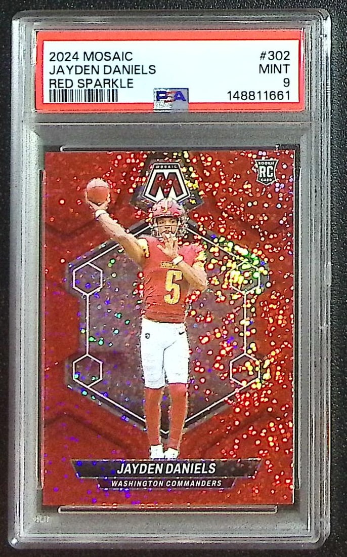 Jayden Daniels Rookie Card Red Sparkle Prizm 2024 Mosaic #302 PSA 9 Commanders: Panini Select, Prizm, Mosaic, Contenders, Zenith, Phoenix, Illusions, Absolute, Rookie NFL Sports Trading Cards, SP, SSP, Cards, Football Cards for Sale Near Me, Superbowl & Hall of Fame Player Cards,