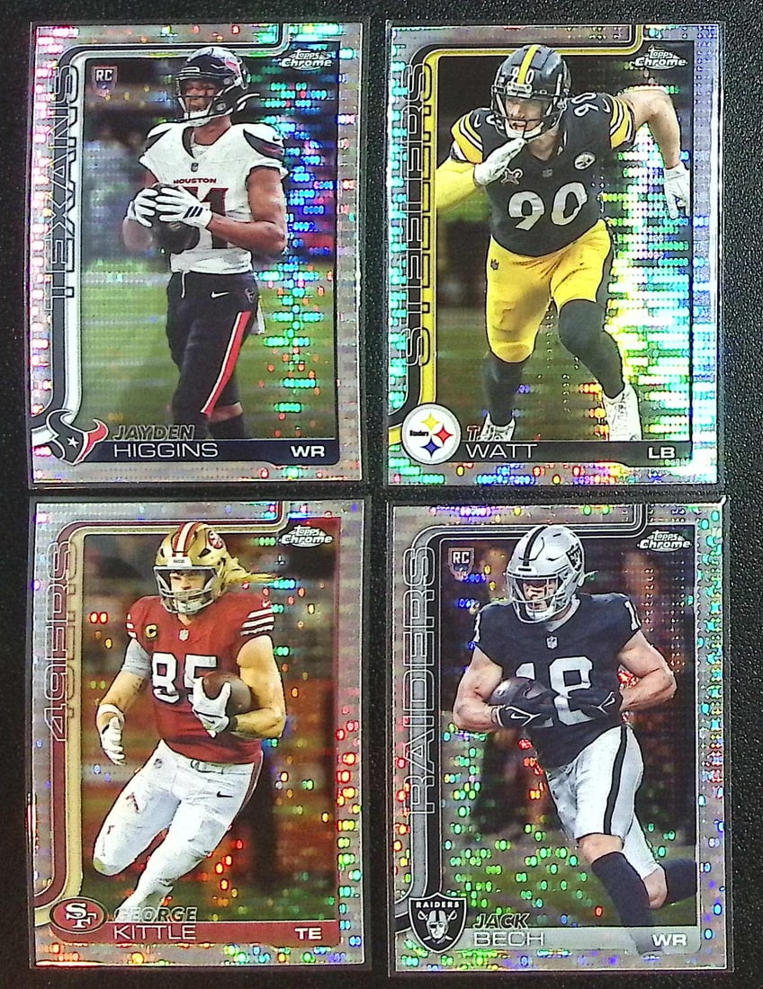 Lot of 4 2025 Topps Chrome NFL Pulsar Refractors. Higgins RC, Tj Watt, Kittle, Bech RC: Topps Chrome Football NFL Trading Sports Cards, Sports Cards for Sale Near Me, Super Bowl & Hall of Fame Player Cards, Resurgence, Composite, SP, SSP, Valuable Auction Memorabilia Lots For Sale On Lin