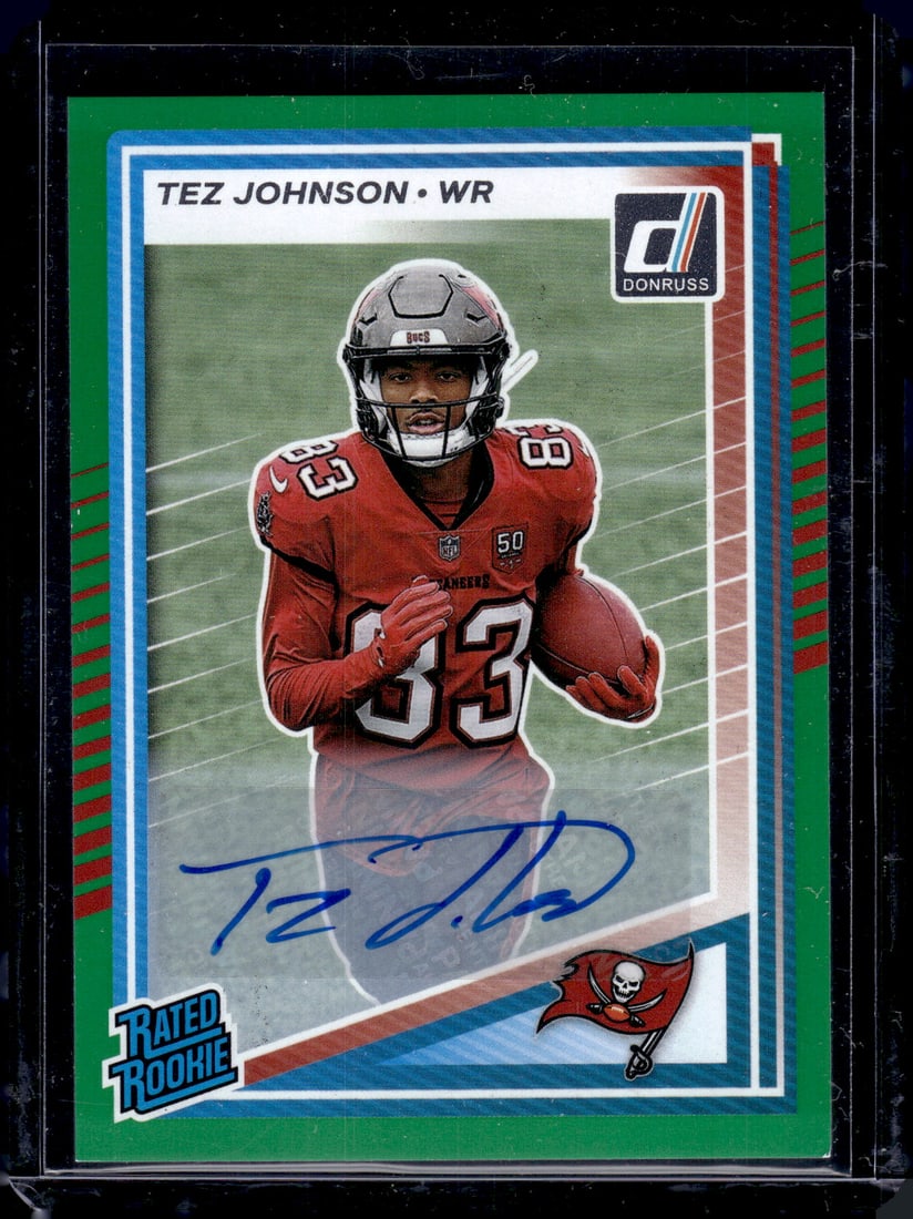 Tez Johnson Rookie Auto Green 2025 Donruss #313 Tampa Bay Buccaneers: Panini Select, Prizm, Mosaic, Contenders, Zenith, Phoenix, Illusions, Absolute, Rookie NFL Sports Trading Cards, SP, SSP, Cards, Football Cards for Sale Near Me, Superbowl & Hall of Fame Player Cards,