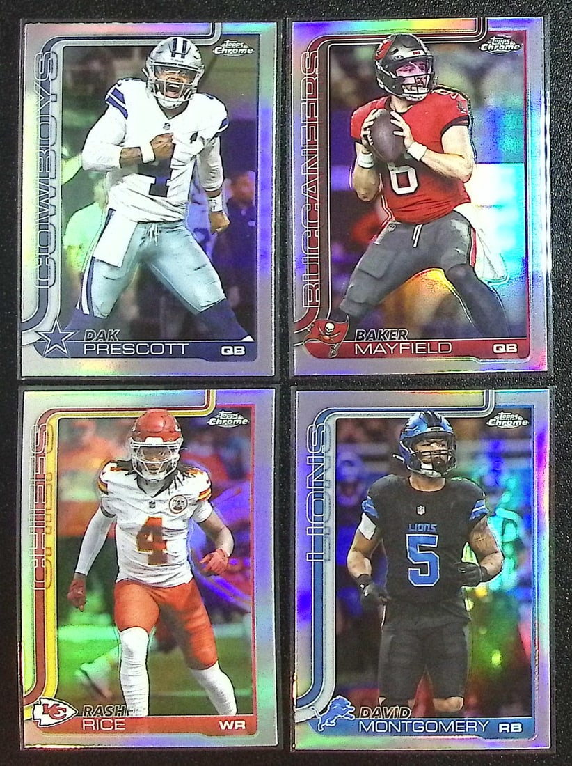 Lot of 4 2025 Topps Chrome NFL Refractors. Prescott, Mayfield, Rice, Montgomery: Topps Chrome Football NFL Trading Sports Cards, Sports Cards for Sale Near Me, Super Bowl & Hall of Fame Player Cards, Resurgence, Composite, SP, SSP, Valuable Auction Memorabilia Lots For Sale On Lin