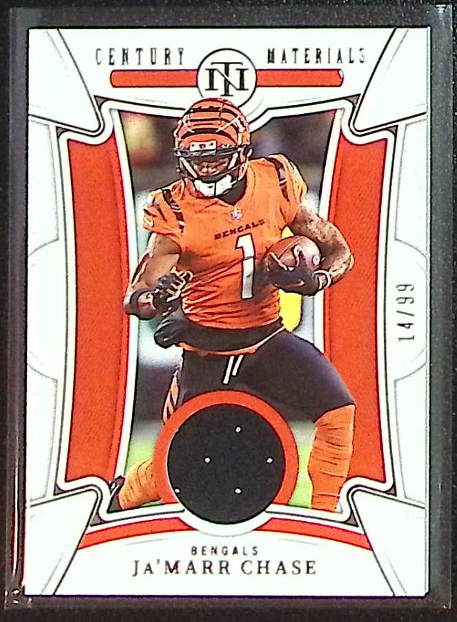 Ja'Marr Chase Patch /99 2022 Panini National Treasures #CEN-JMC Cincinnati Bengals: Panini Select, Prizm, Mosaic, Contenders, Zenith, Phoenix, Illusions, Absolute, Rookie NFL Sports Trading Cards, SP, SSP, Cards, Football Cards for Sale Near Me, Superbowl & Hall of Fame Player Cards,