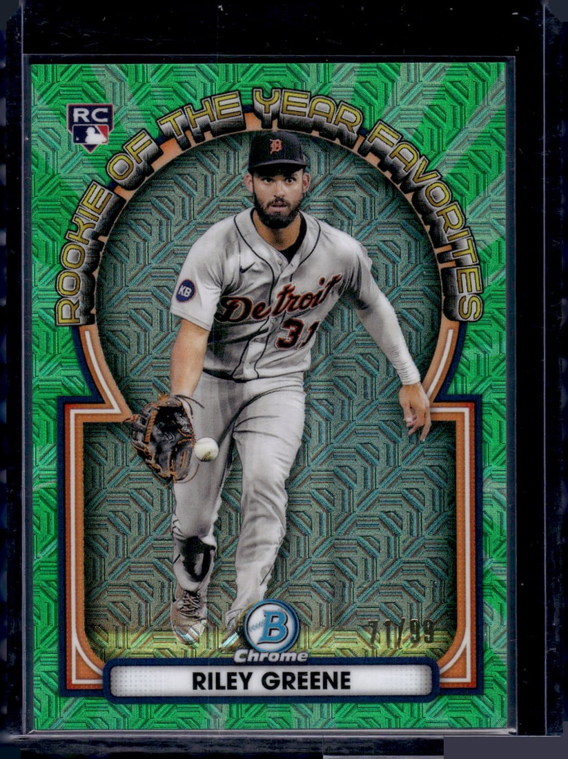 Riley Greene Rookie Card Green Mojo /99 2023 Bowman Chrome #ROYF-6 Detroit Tigers: Bowman Chrome Baseball MLB Trading & Sports Cards, Sports Cards for Sale Near Me, World Series & Hall of Fame Players, SP, SSP, Chrome, 1st Bowman, Auction Memorabilia Lots Sold On Line