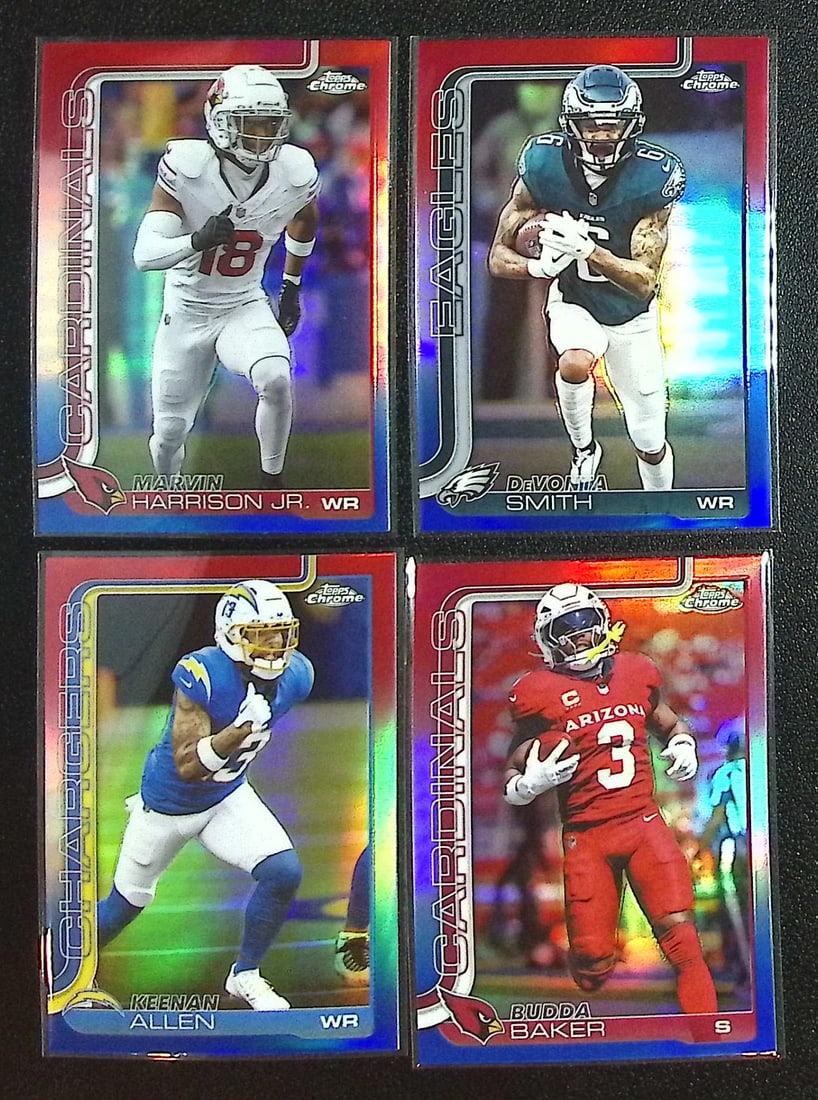 Lot of 4 2025 Topps Chrome NFL Red/White/Blue Refractors. All Different, See Pictures: Topps Chrome Football NFL Trading Sports Cards, Sports Cards for Sale Near Me, Super Bowl & Hall of Fame Player Cards, Resurgence, Composite, SP, SSP, Valuable Auction Memorabilia Lots For Sale On Lin