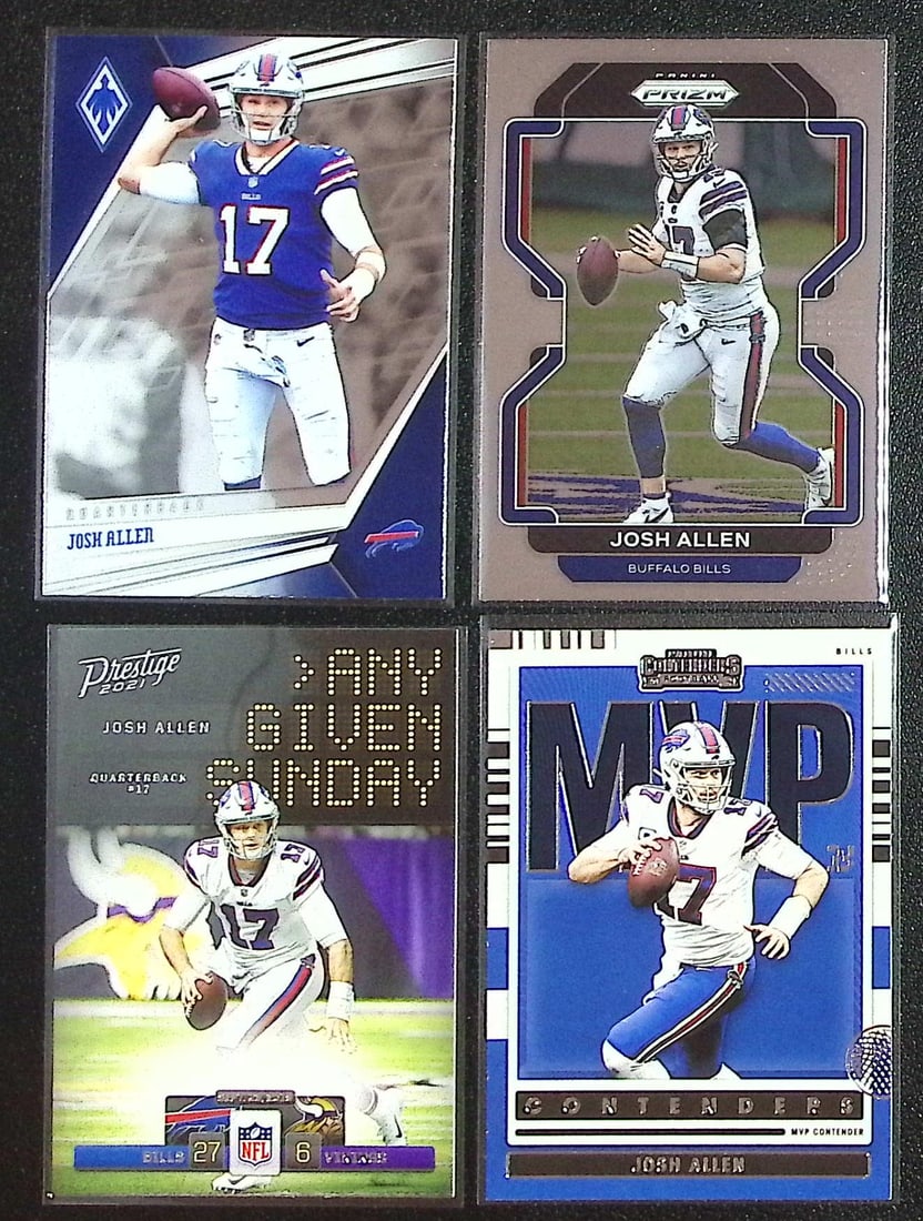 Lot of 4 Josh Allen Panini Football Cards. All Different, See Pictures. Buffalo Bills: Panini Select, Prizm, Mosaic, Contenders, Zenith, Phoenix, Illusions, Absolute, Rookie NFL Sports Trading Cards, SP, SSP, Cards, Football Cards for Sale Near Me, Superbowl & Hall of Fame Player Cards,
