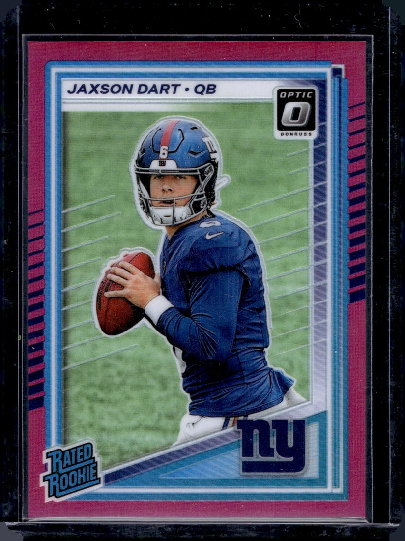Jaxson Dart Rookie Card Pink Prizm 2025 Donruss Optic #273 New York Gaints: Panini Select, Prizm, Mosaic, Contenders, Zenith, Phoenix, Illusions, Absolute, Rookie NFL Sports Trading Cards, SP, SSP, Cards, Football Cards for Sale Near Me, Superbowl & Hall of Fame Player Cards,