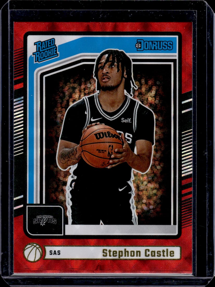 Stephon Castle Rookie Card International Red 2024-25 Donruss #244 San Antonio Spurs: Panini Select, Prizm, Mosaic, Contenders, Revolution, Phoenix, NBA Hoops, Rookie NFL Sports Trading Cards, Silver, SP, SSP, Wave Prizms, Numbered Cards, Basketball sports Cards for Sale Near Me, NBA C