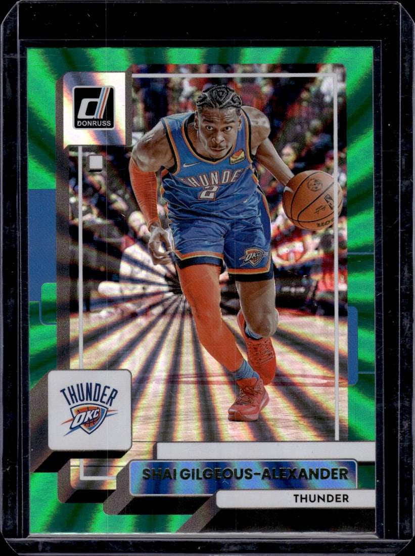 Shai Gilgeous-Alexander Green Holo Laser 2022-23 Donruss #100 OKC Thunder: Panini Select, Prizm, Mosaic, Contenders, Revolution, Phoenix, NBA Hoops, Rookie NFL Sports Trading Cards, Silver, SP, SSP, Wave Prizms, Numbered Cards, Basketball sports Cards for Sale Near Me, NBA C