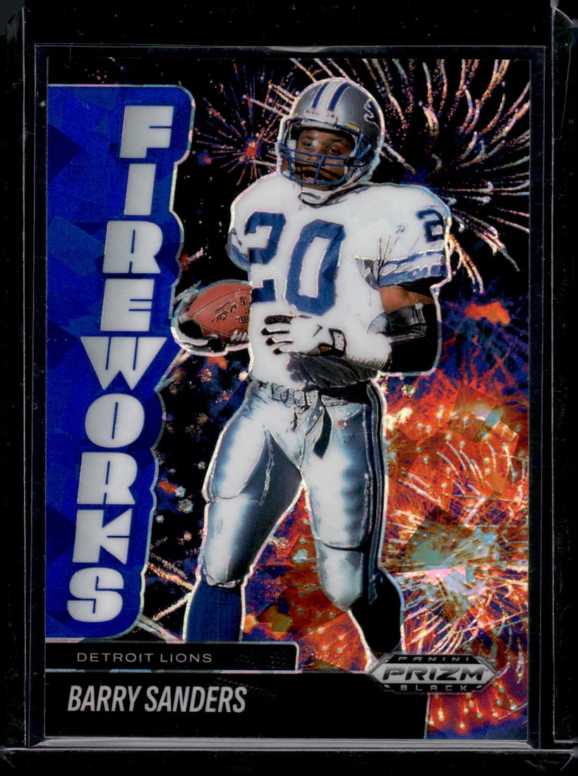 Barry Sanders Fireworks Blue Ice /125 2025 Prizm Black #18 Detroit Lions: Panini Select, Prizm, Mosaic, Contenders, Zenith, Phoenix, Illusions, Absolute, Rookie NFL Sports Trading Cards, SP, SSP, Cards, Football Cards for Sale Near Me, Superbowl & Hall of Fame Player Cards,