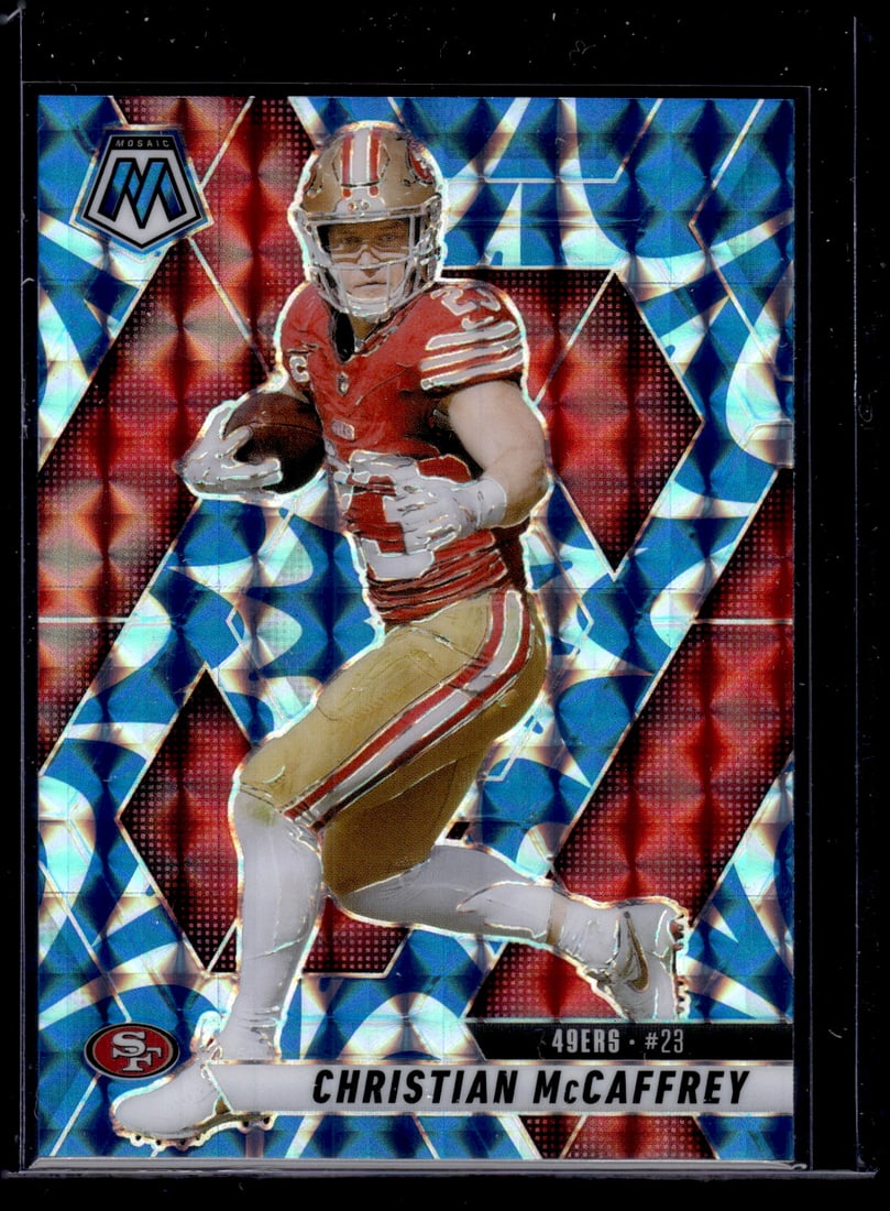 Christian McCaffrey Blue Reactive Prizm 2025 Mosaic #179 San Francisco 49ers: Panini Select, Prizm, Mosaic, Contenders, Zenith, Phoenix, Illusions, Absolute, Rookie NFL Sports Trading Cards, SP, SSP, Cards, Football Cards for Sale Near Me, Superbowl & Hall of Fame Player Cards,