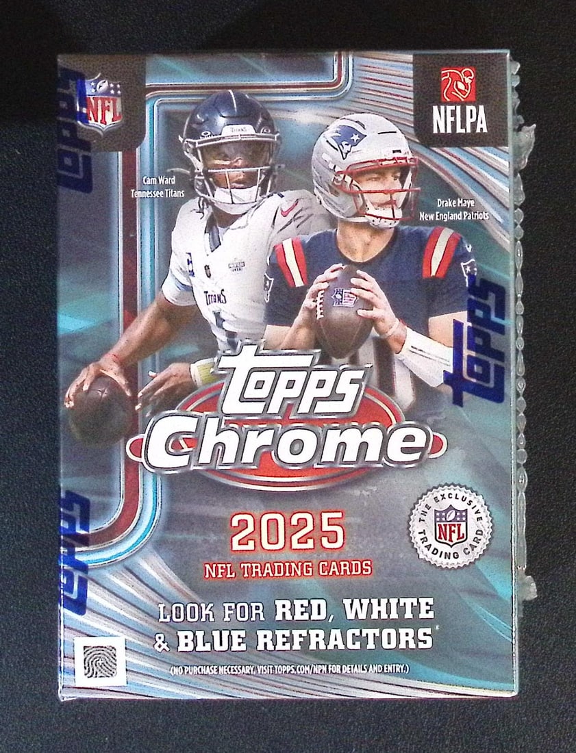 2025 Topps Chrome Football Blaster Box - NEW RELEASE: Topps Football NFL Trading & Sports Cards, Refractors, Prism Refractors, X-Fractors, Sports Cards for Sale Near Me, Super Bowl & Hall of Fame Players, Autographs, SP, SSP, Valuable Auction Memorabilia