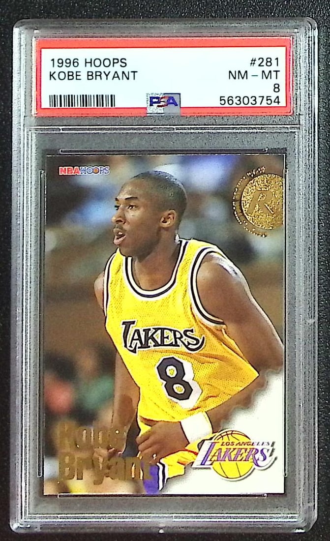 Kobe Bryant Rookie Card 1996-97 NBA Hoops #281 PSA 8 Los Angeles Lakers: NBA Hoops Basketball NBA Trading & Sports Cards, Sports Cards for Sale Near Me, Chrome, Refractor, SP, SSP, Valuable Auction Memorabilia Lots Sold On Line, NBA Championship & Hall of Fame Player Cards