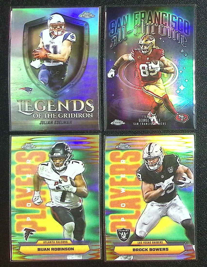 Lot of 4 2025 Topps Chrome NFL Insert Refractors. Edelman, Kittle, Bijan, Bowers: Topps Chrome Football NFL Trading Sports Cards, Sports Cards for Sale Near Me, Super Bowl & Hall of Fame Player Cards, Resurgence, Composite, SP, SSP, Valuable Auction Memorabilia Lots For Sale On Lin