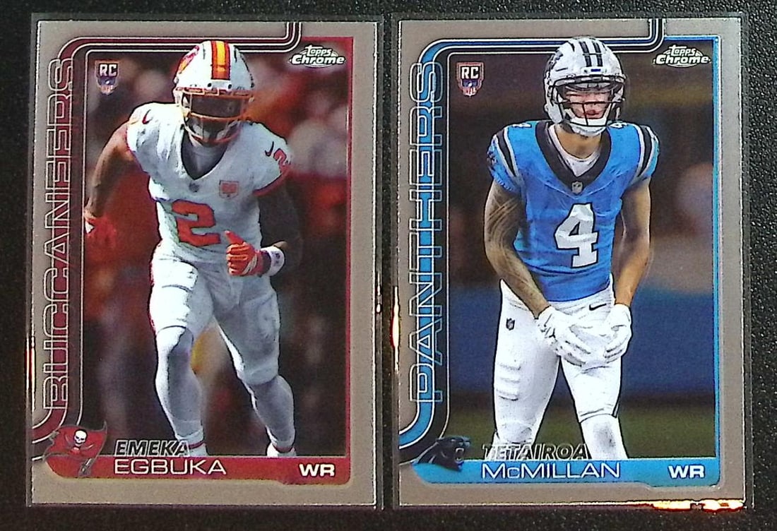 Lot of 2 2025 Topps Chrome NFL WR Rookie Cards. Emeka Egbuka & Tet McMillan: Topps Chrome Football NFL Trading Sports Cards, Sports Cards for Sale Near Me, Super Bowl & Hall of Fame Player Cards, Resurgence, Composite, SP, SSP, Valuable Auction Memorabilia Lots For Sale On Lin