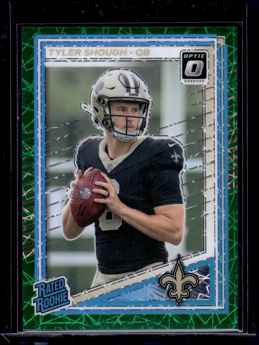 Tyler Shough Rookie Card Green Velocity Prizm 2025 Donruss Optic #223 Saints: Panini Select, Prizm, Mosaic, Contenders, Revolution, Phoenix, NBA Hoops, Rookie NFL Sports Trading Cards, Silver, SP, SSP, Wave Prizms, Numbered Cards, Basketball sports Cards for Sale Near Me, NBA C