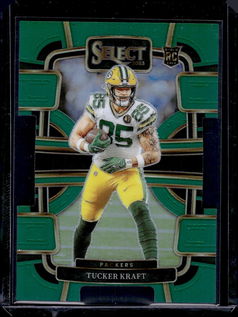 Tucker Kraft Rookie Card Green Prizm Die Cut /5 2023 Select #37 Green Bay Packers: Panini Select, Prizm, Mosaic, Contenders, Revolution, Phoenix, NBA Hoops, Rookie NFL Sports Trading Cards, Silver, SP, SSP, Wave Prizms, Numbered Cards, Basketball sports Cards for Sale Near Me, NBA C