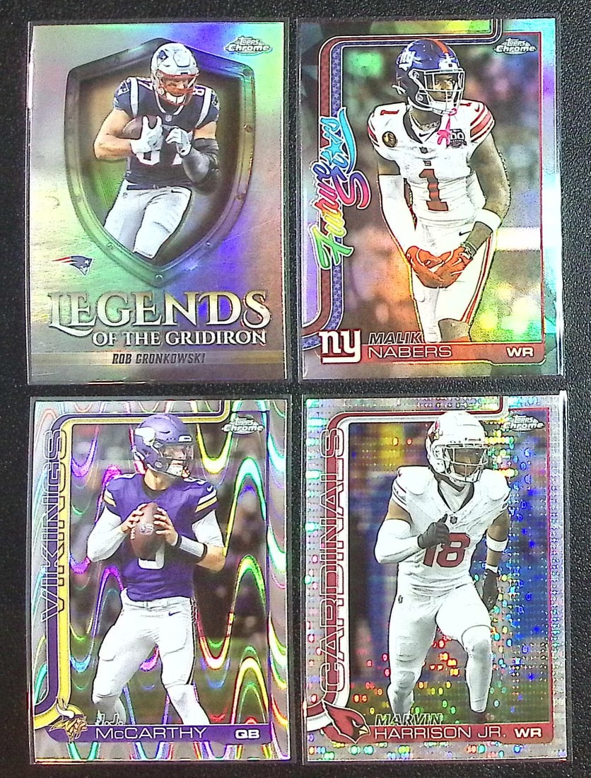 Lot of 4 2025 Topps Chrome NFL Refractors. Gronkowski, Nabers, McCarthy, Harrison Jr.: Topps Chrome Football NFL Trading Sports Cards, Sports Cards for Sale Near Me, Super Bowl & Hall of Fame Player Cards, Resurgence, Composite, SP, SSP, Valuable Auction Memorabilia Lots For Sale On Lin