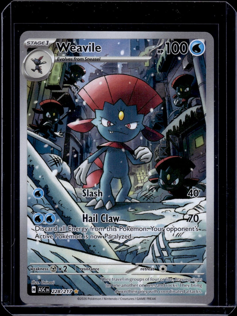 Pokemon Ascended Heroes Weavile Illustration Rare #228: Pokemon Trading Card Game Cards, Charizard, Pikachu, Mewtwo, Reverse Holo, Holo Rare, Secret Rare Cards, Full Art Cards, Eevee, Ultra Rare Card, Illustration Rare, Special Illustration Rare SIR
