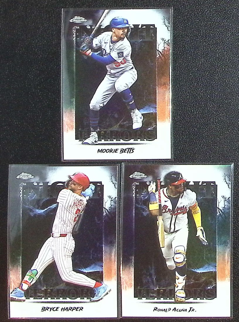 Lot of 3 2025 Topps Chrome MLB Night Terrors Inserts. Betts, Harper, Acuna Jr.: Topps Chrome Football NFL Trading Sports Cards, Sports Cards for Sale Near Me, Super Bowl & Hall of Fame Player Cards, Resurgence, Composite, SP, SSP, Valuable Auction Memorabilia Lots For Sale On Lin