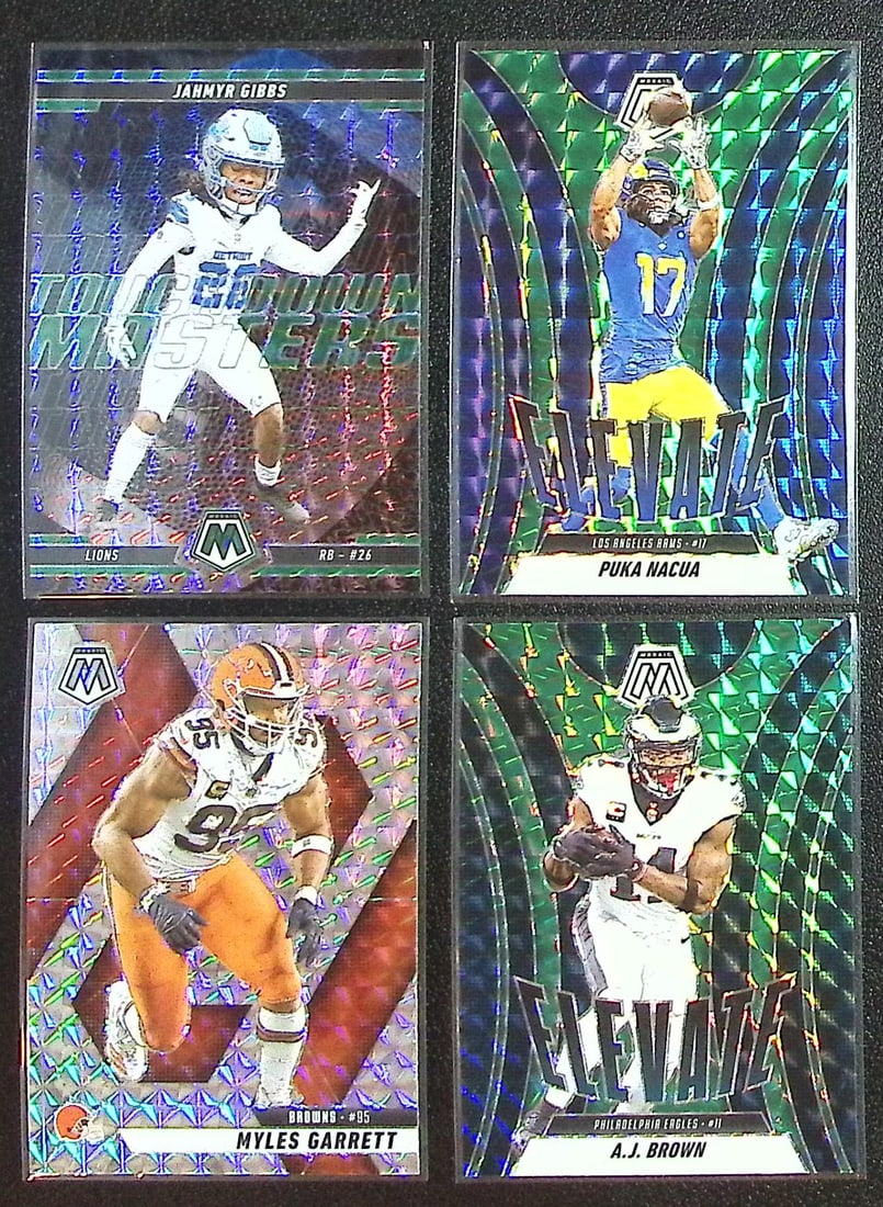 Lot of 4 2025 Panini Mosaic NFL Mosaic Prizms. Gibbs, Nacua, Garrett, Brown: Panini Select, Prizm, Mosaic, Contenders, Zenith, Phoenix, Illusions, Absolute, Rookie NFL Sports Trading Cards, SP, SSP, Cards, Football Cards for Sale Near Me, Superbowl & Hall of Fame Player Cards,