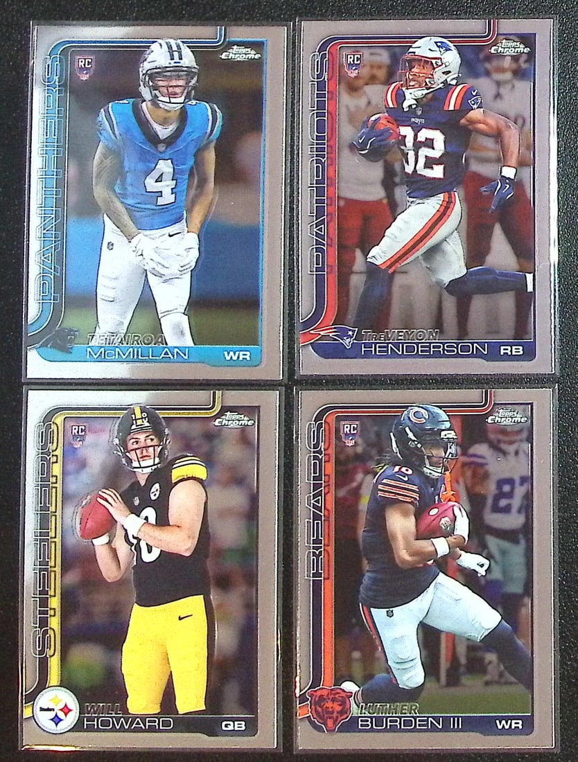 Lot of 4 2025 Topps Chrome NFL Rookie Cards. McMillan, Henderson, Howard, Burden: Topps Chrome Football NFL Trading Sports Cards, Sports Cards for Sale Near Me, Super Bowl & Hall of Fame Player Cards, Resurgence, Composite, SP, SSP, Valuable Auction Memorabilia Lots For Sale On Lin