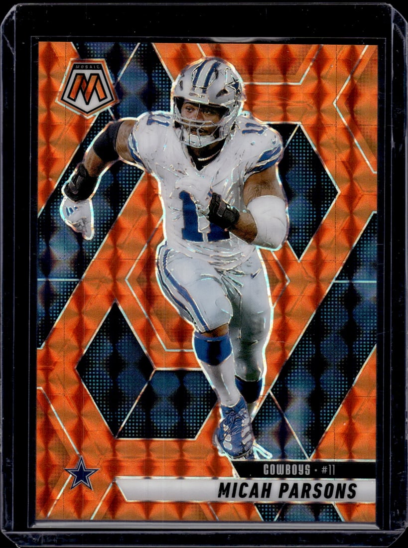 Micah Parsons Orange Mosaic Prizm /199 2025 Mosaic #110 Cowboys, Packers: Panini Select, Prizm, Mosaic, Contenders, Zenith, Phoenix, Illusions, Absolute, Rookie NFL Sports Trading Cards, SP, SSP, Cards, Football Cards for Sale Near Me, Superbowl & Hall of Fame Player Cards,