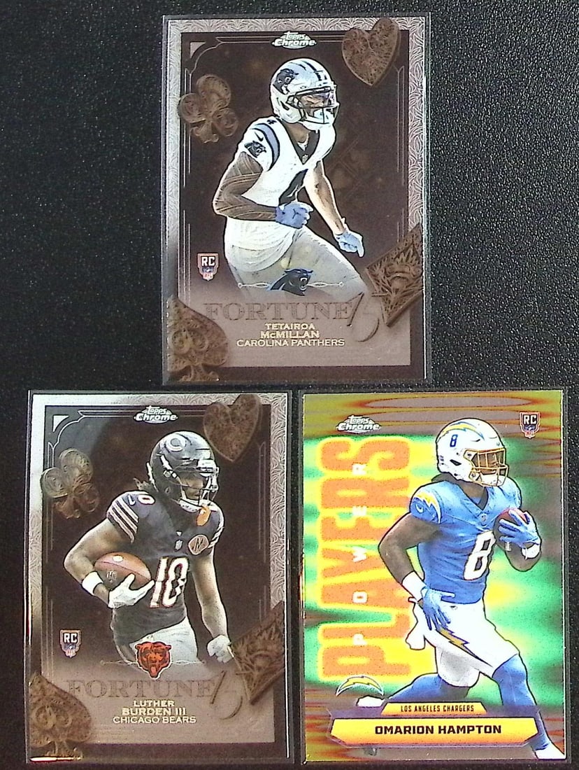 Lot of 3 2025 Topps Chrome Football Rookie Card Inserts. McMillan, Burden, Hampton: Topps Chrome Football NFL Trading Sports Cards, Sports Cards for Sale Near Me, Super Bowl & Hall of Fame Player Cards, Resurgence, Composite, SP, SSP, Valuable Auction Memorabilia Lots For Sale On Lin