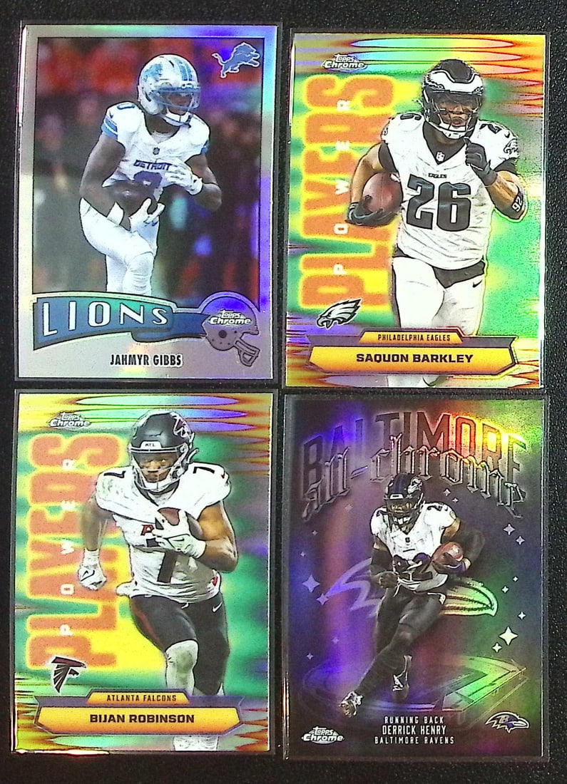 Lot of 4 2025 Topps Chrome NFL RB Insert Refractors. Gibbs, Henry, Barkley, Bijan Robinson: Topps Chrome Football NFL Trading Sports Cards, Sports Cards for Sale Near Me, Super Bowl & Hall of Fame Player Cards, Resurgence, Composite, SP, SSP, Valuable Auction Memorabilia Lots For Sale On Lin