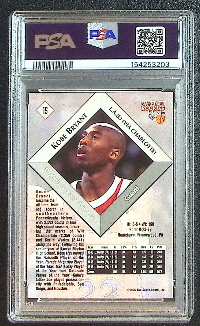 Kobe Bryant Rookie Card 1996 Score Board #15 PSA 8 Los Angeles Lakers - 2