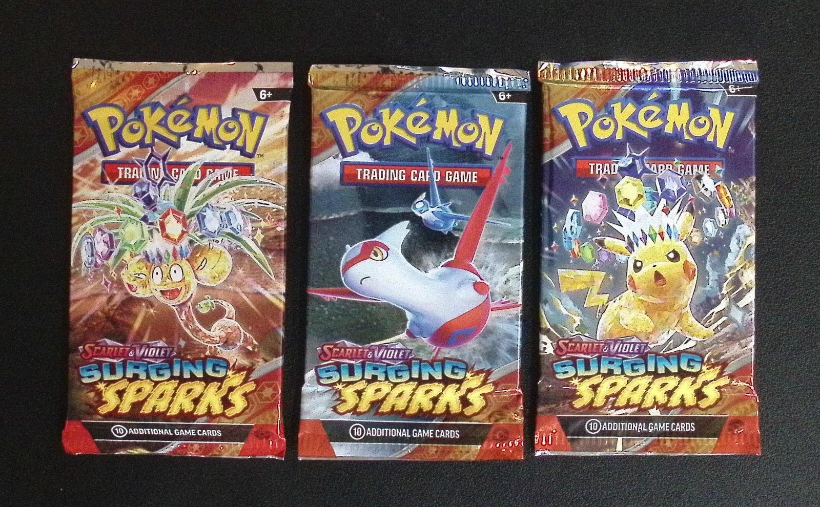 3 COUNT: Pokemon Scarlet & Violet Surging Sparks 10 Card TCG Booster Pack, Charizard, Pikachu, Holo: Pokemon Trading Card Game Cards, Charizard, Pikachu, Mewto, EX, Referse Holo, Holo Rare Cards, Secret Rare Cards, Full Art Cards, Evee, 3 Stars Ultra Rare Cards, Double Rare, Illustration Rare, Specia