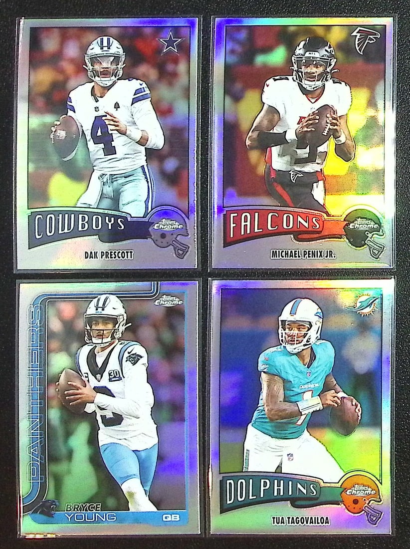 Lot of 4 2025 Topps Chrome NFL QB Refractors. Prescott, Penix Jr., Young, Tagovailoa: Topps Football NFL Trading Sports Cards, Sports Cards for Sale Near Me, Super Bowl & Hall of Fame Player Cards, Resurgence, Composite, SP, SSP, Valuable Auction Memorabilia Lots For Sale On Line
