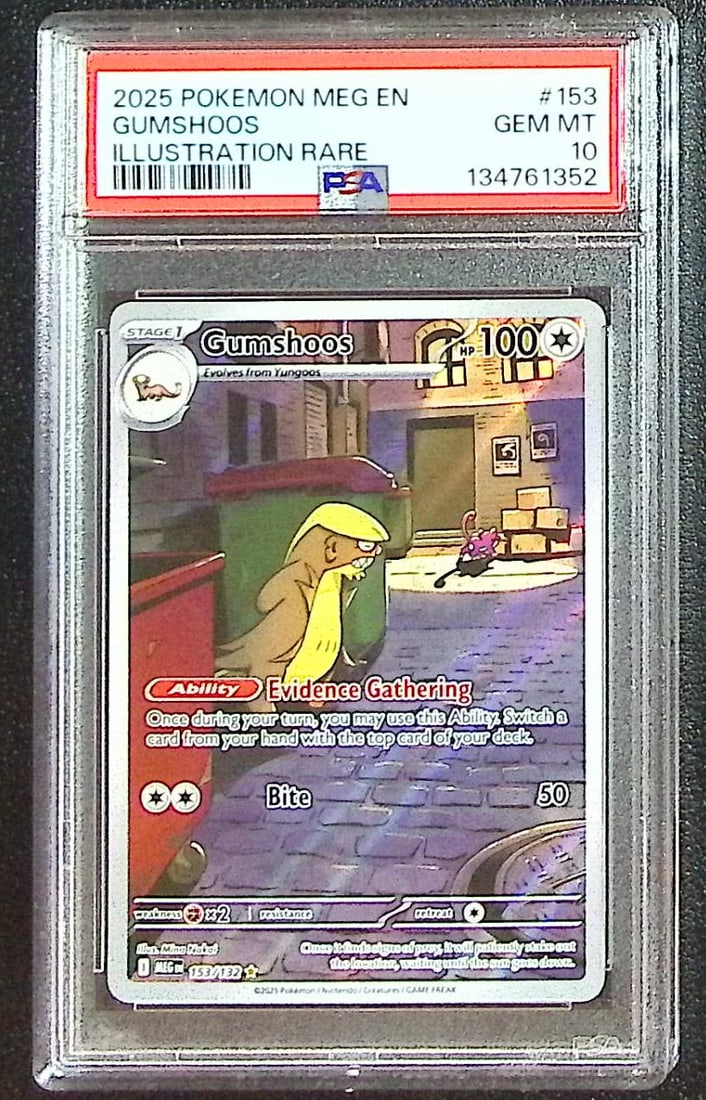Pokemon Mega Evolution Gumshoos Illustration Rare #153 PSA 10: Pokemon Trading Card Game Cards, Charizard, Pikachu, Mewtwo, Reverse Holo, Holo Rare, Secret Rare Cards, Full Art Cards, Eevee, Ultra Rare Card, Illustration Rare, Special Illustration Rare SIR