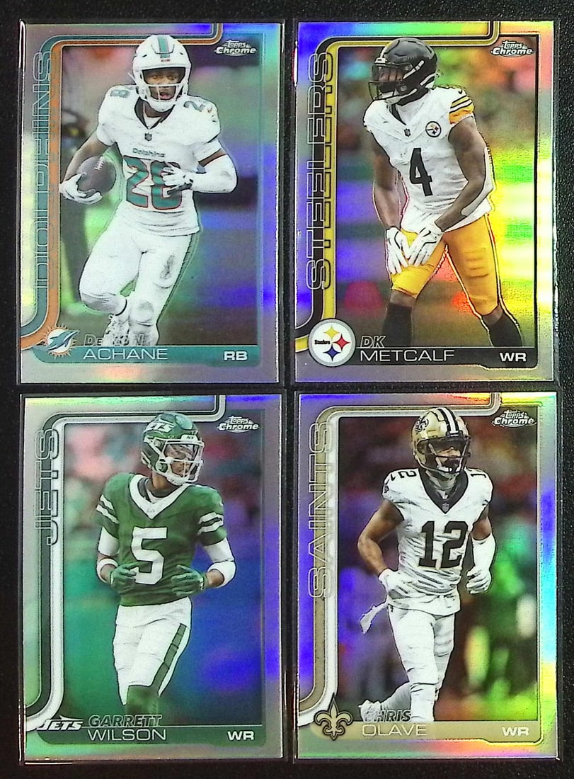 Lot of 4 2025 Topps Chrome NFL Refractors. Achane, Metcalf, Wilson, Olave (1 of 2)
