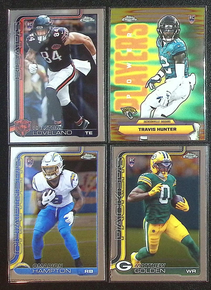 Lot of 4 2025 Topps Chrome NFL Rookie Cards. Loveland, Hunter, Hampton, Golden: Topps Football NFL Trading Sports Cards, Sports Cards for Sale Near Me, Super Bowl & Hall of Fame Player Cards, Resurgence, Composite, SP, SSP, Valuable Auction Memorabilia Lots For Sale On Line