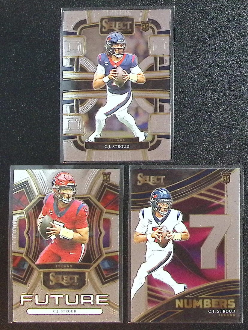 Lot of 3 Cj Stroud Rookie Cards 2023 Select #41, #FUT-CST, #NMB-CST: Panini Select, Prizm, Mosaic, Contenders, Zenith, Phoenix, Illusions, Absolute, Rookie NFL Sports Trading Cards, SP, SSP, Cards, Football Cards for Sale Near Me, Superbowl & Hall of Fame Player Cards,