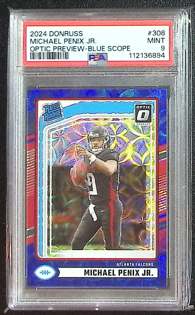 Michael Penix Jr. Rookie Card Blue Scope 2024 Donruss Optic Preview #308 PSA 9 Falcons: Panini Select, Prizm, Mosaic, Contenders, Zenith, Phoenix, Illusions, Absolute, Rookie NFL Sports Trading Cards, SP, SSP, Cards, Football Cards for Sale Near Me, Superbowl & Hall of Fame Player Cards,
