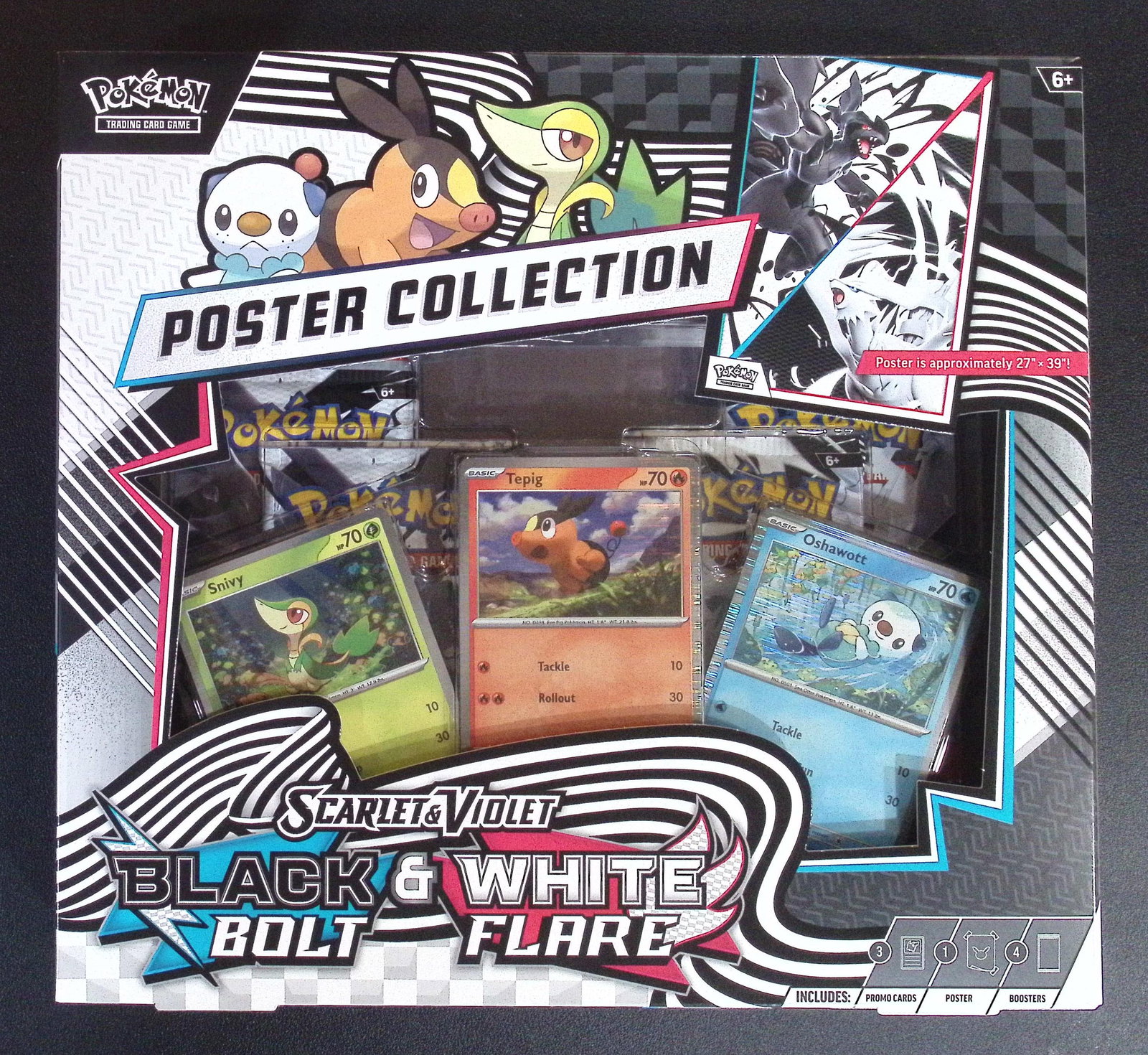 Pokemon Scarlet & Violet Black Bolt & White Flare Unova Poster Collection - 4 Booster Packs: Pokemon Trading Card Game Cards, Charizard, Pikachu, Mewto, EX, Referse Holo, Holo Rare Cards, Secret Rare Cards, Full Art Cards, Evee, 3 Stars Ultra Rare Cards, Double Rare, Illustration Rare, Specia