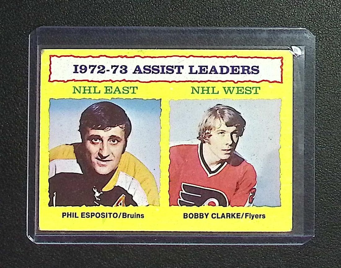 Phil Esposito & Bobby Clarke Vintage 1973 Assist Leaders Topps #2: Topps Vintage NHL Hockey Trading & Sports Cards, Old Sports Cards for Sale Near Me, Stanley Cup & Hall of Fame Players, Valuable Auction Memorabilia Lots for Sale On Line