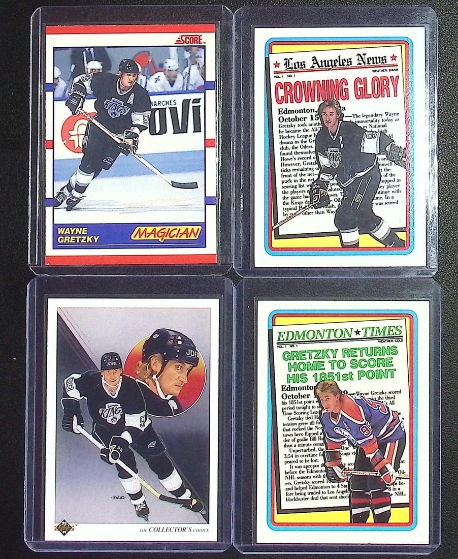 4 Vintage Wayne Gretzky Hockey Cards - All different - Topps, Score, & Upper Deck: Topps Vintage NHL Hockey Trading & Sports Cards, Old Sports Cards for Sale Near Me, Stanley Cup & Hall of Fame Players, Valuable Auction Memorabilia Lots for Sale On Line