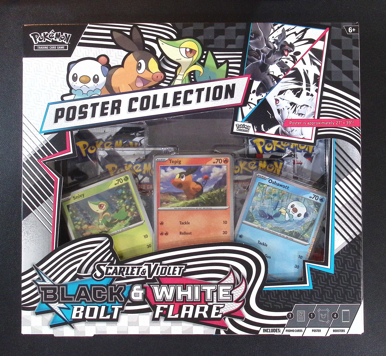 Pokemon Scarlet & Violet Black Bolt & White Flare Unova Poster Collection - 4 Booster Packs: Pokemon Trading Card Game Cards, Charizard, Pikachu, Mewto, EX, Referse Holo, Holo Rare Cards, Secret Rare Cards, Full Art Cards, Evee, 3 Stars Ultra Rare Cards, Double Rare, Illustration Rare, Specia
